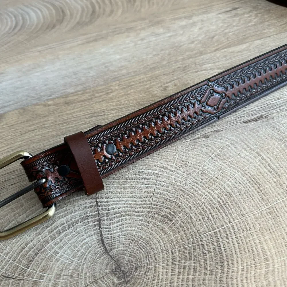 Vintage USA Made Genuine Leather Brown Tooled Belt 44